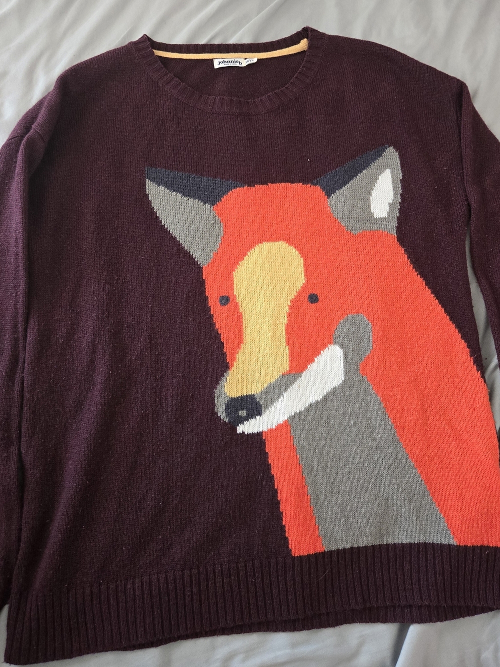 JohnnyB Fox Intarsia Sweater in Deep Burgundy & Orange Size Y16+